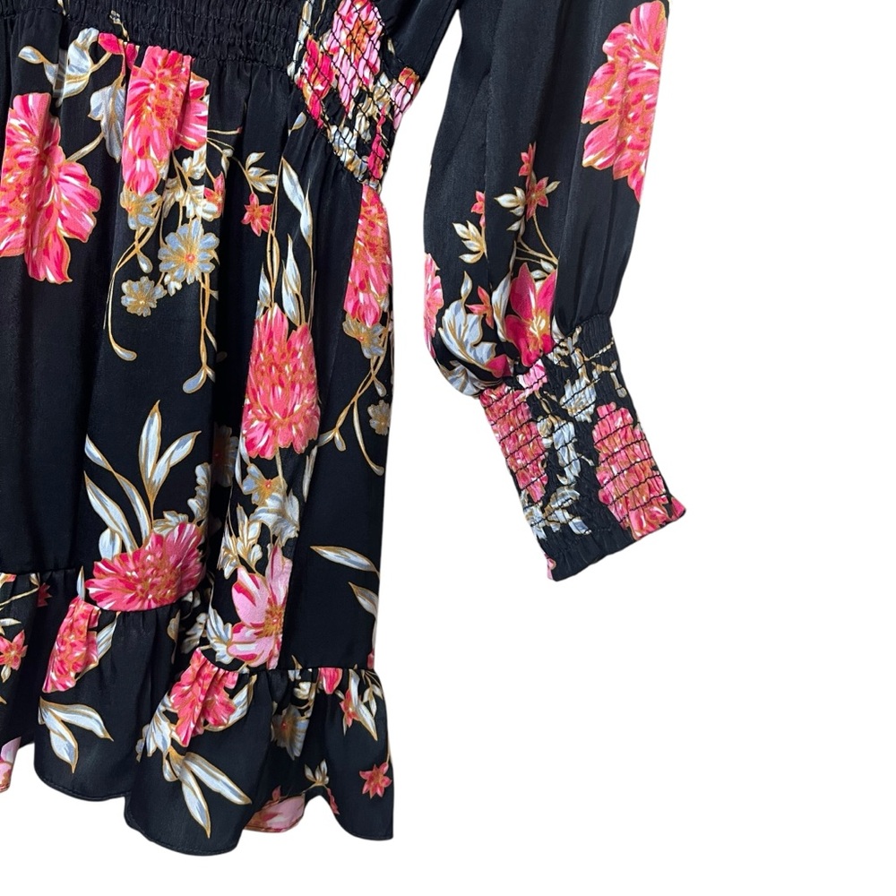 Misa Los Angeles Iyana Tie-Neck Smocked Waist Mini Dress Black Floral Size Large - Picture 7 of 10